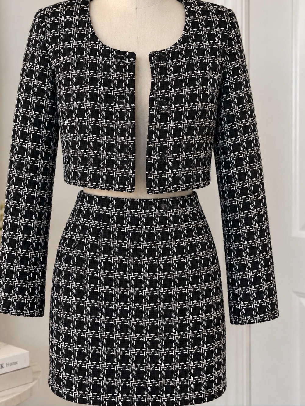 Black White Tweed Cropped Jacket + Mini Skirt Set